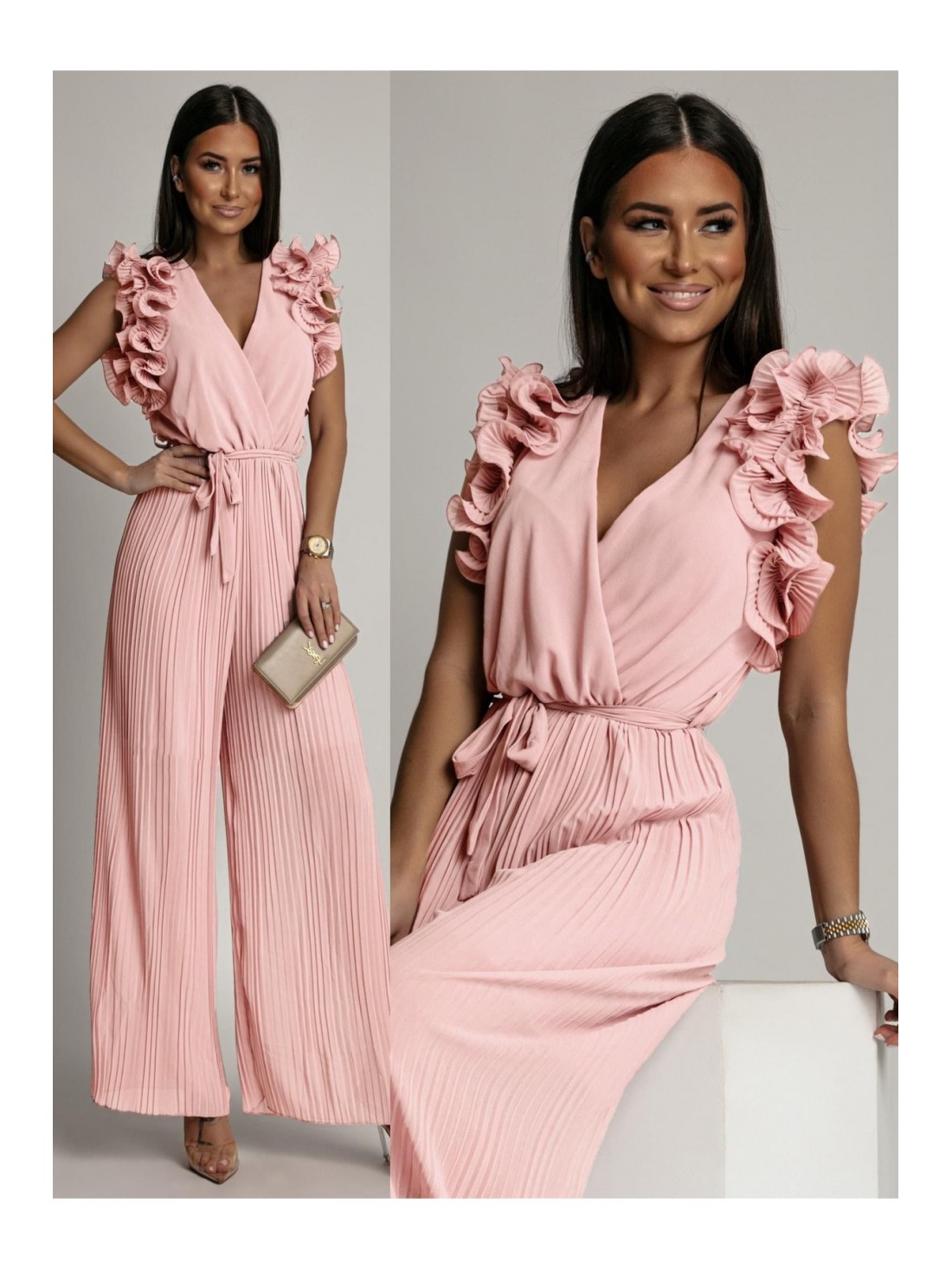 Pleated jumpsuit with ruffles, light pink AZR1102